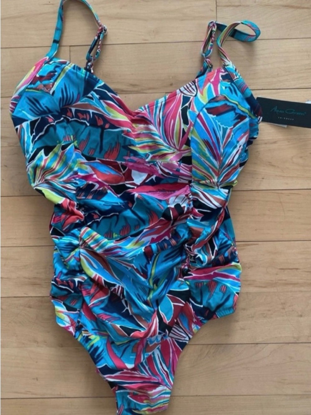 Aqua Green Tropical Floral One-Piece Swimsuit in Blue, Pink, Teal
